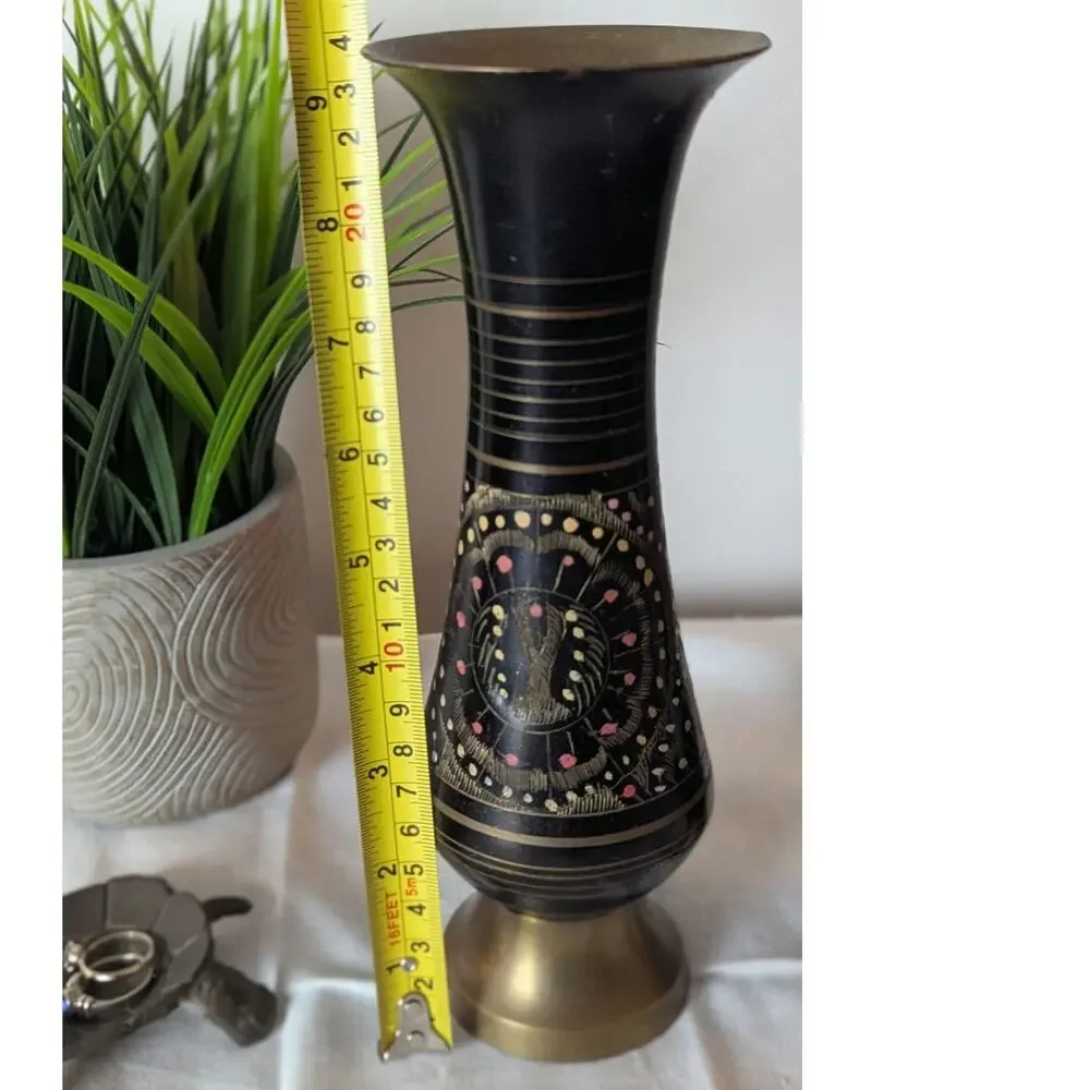 Vintage Etched Brass Vases |Black & Gold Boho Lotus Decor | Mid Century Pair